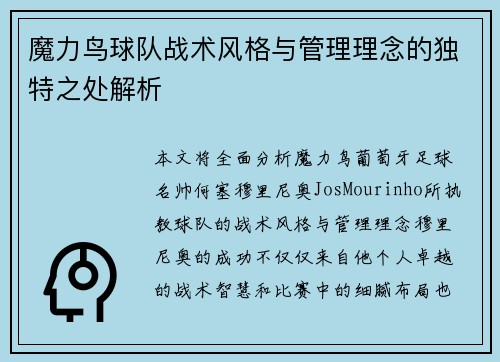 魔力鸟球队战术风格与管理理念的独特之处解析 魔力鸟球队战术风格与管理理念的独特之处解析