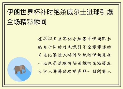 伊朗世界杯补时绝杀威尔士进球引爆全场精彩瞬间